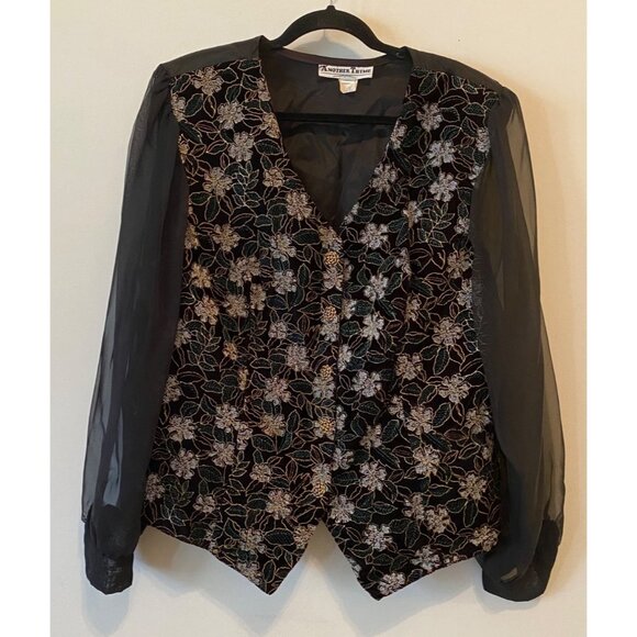 Another Thyme Floral Embroidered Blazer Black Sheer Sleeves Blouse XL - Picture 1 of 9